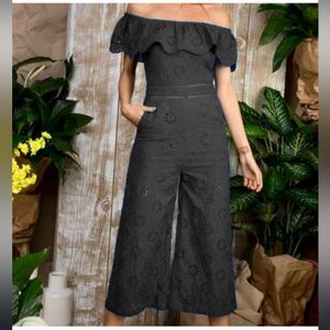 Main Strip Off The Shoulders Embroidered Cropped Jumpsuit in Black M NWT